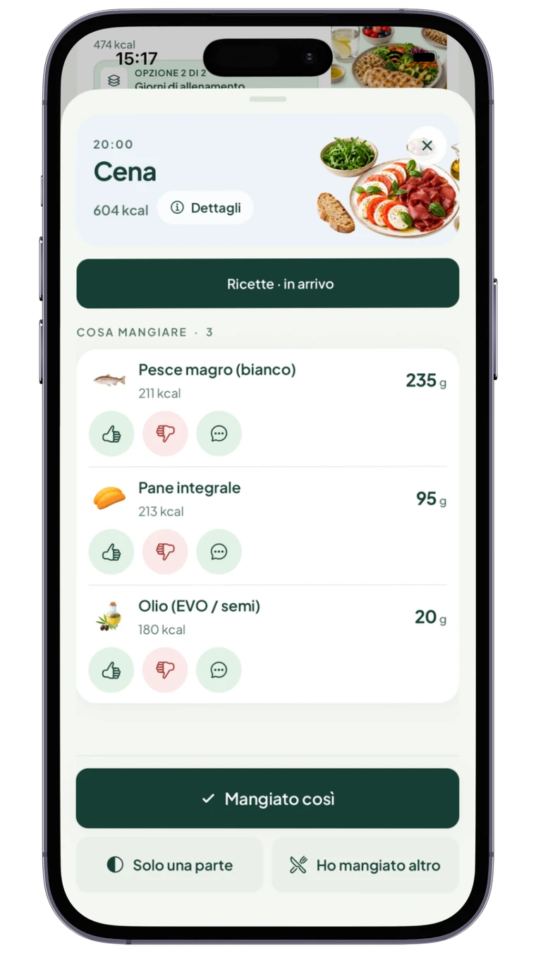 Nutrime App: alimenti e quantità previsti per la cena